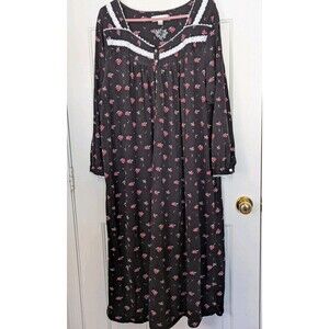 Eileen West L/S Nightgown Womens 2X Black Floral White Lace Trim Knit Stretch
